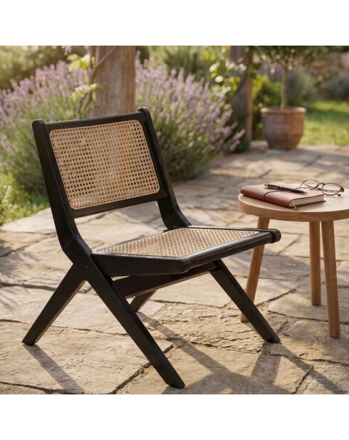 Chaise pliante Masdam bois massif et cannage en rotin noir/beige- 52x79x73 cm