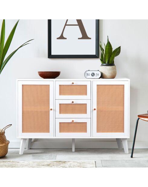 Buffet 3 tiroirs et 2 portes avec cannage dalgora blanc - 120x40x80 cm