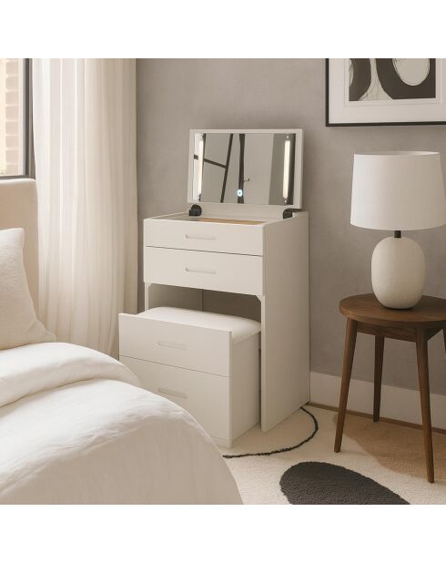 Coiffeuse compacte avec miroir led tiroir et pouf intégré germina blanche - 48x50x80 cm