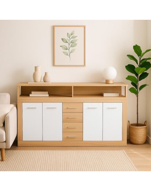 Buffet contemporain 4 portes et 4 tiroirs Lunata bois sonoma et blanc - 190x32x95 cm