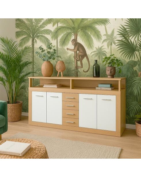 Buffet contemporain 4 portes et 4 tiroirs Lunata bois sonoma et blanc - 190x32x95 cm