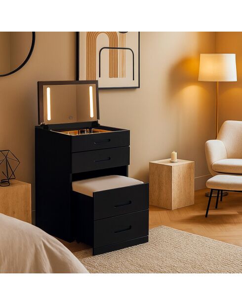 Coiffeuse compacte avec miroir led tiroir et pouf intégré germina noire - 48x50x80 cm