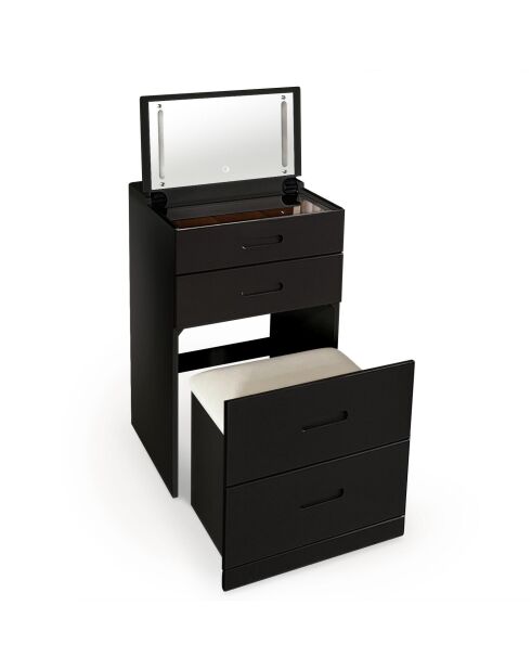 Coiffeuse compacte avec miroir led tiroir et pouf intégré germina noire - 48x50x80 cm