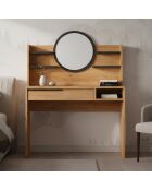Coiffeuse à tiroir avec étagères et miroir rond onara bois et grise - 100x44 4x119 5 cm
