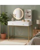 Coiffeuse moderne avec miroir rond lumineux oracle blanche /or - 90x40x125 cm