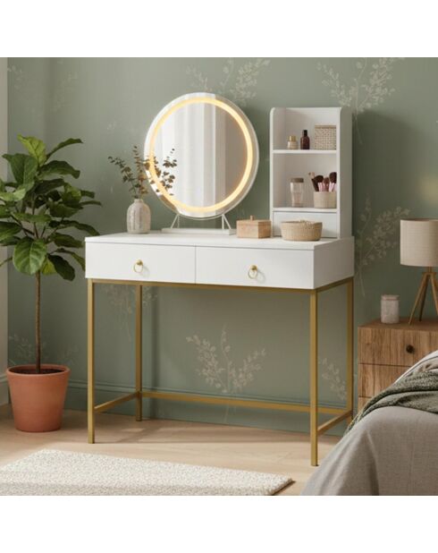 Coiffeuse moderne avec miroir rond lumineux oracle blanche /or - 90x40x125 cm