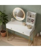 Coiffeuse moderne avec miroir rond lumineux oracle blanche /or - 90x40x125 cm