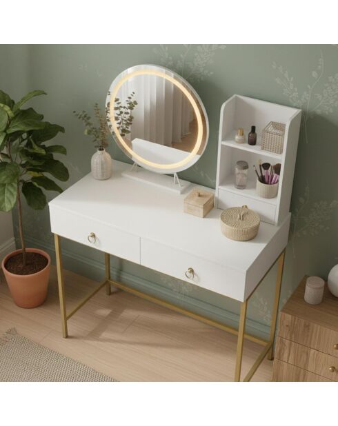 Coiffeuse moderne avec miroir rond lumineux oracle blanche /or - 90x40x125 cm