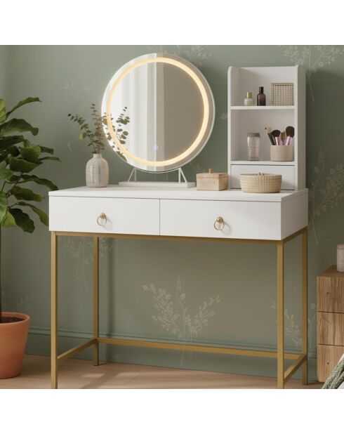Coiffeuse moderne avec miroir rond lumineux oracle blanche /or - 90x40x125 cm