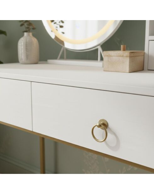 Coiffeuse moderne avec miroir rond lumineux oracle blanche /or - 90x40x125 cm