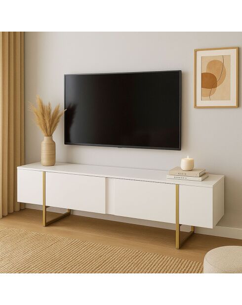 Mueble de TV moderno con 2 puertas Valmain de metal blanco/dorado - 180x30x50 cm