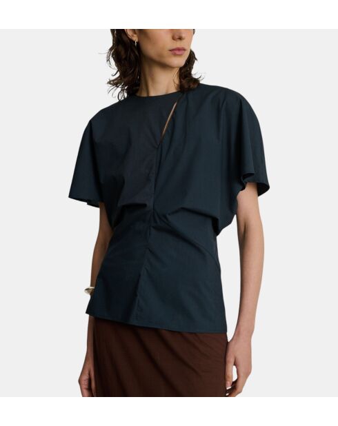 Drapierte Bluse von Embrun aus nachtblauer Bio-Baumwolle