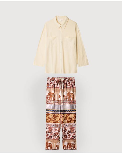 Pyjama chemise en maille confectionné en coton et pantalon en satin beige