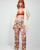 Pyjama chemise en maille confectionné en coton et pantalon en satin beige