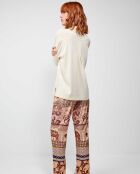 Pyjama chemise en maille confectionné en coton et pantalon en satin beige