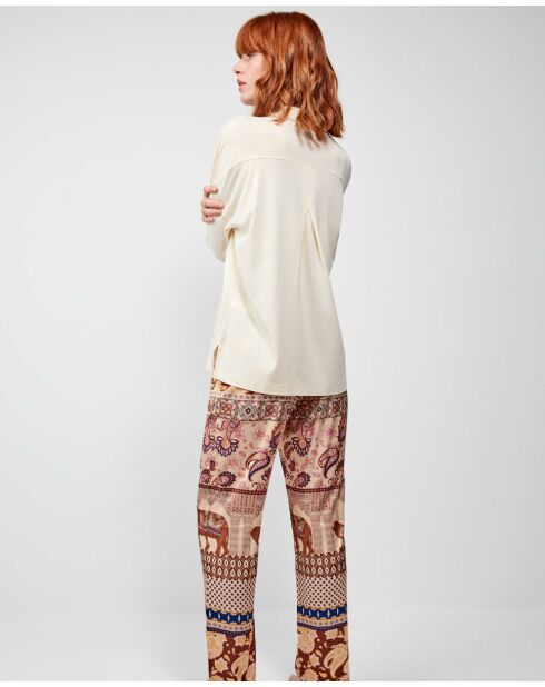 Pyjama chemise en maille confectionné en coton et pantalon en satin beige