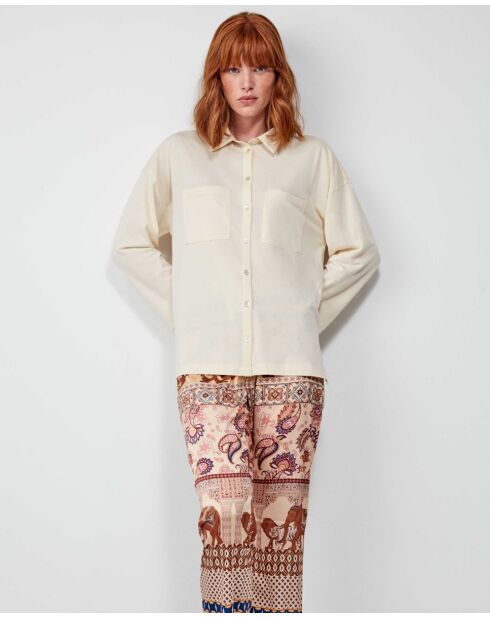 Pyjama chemise en maille confectionné en coton et pantalon en satin beige