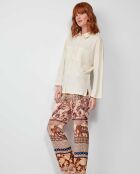 Pyjama chemise en maille confectionné en coton et pantalon en satin beige