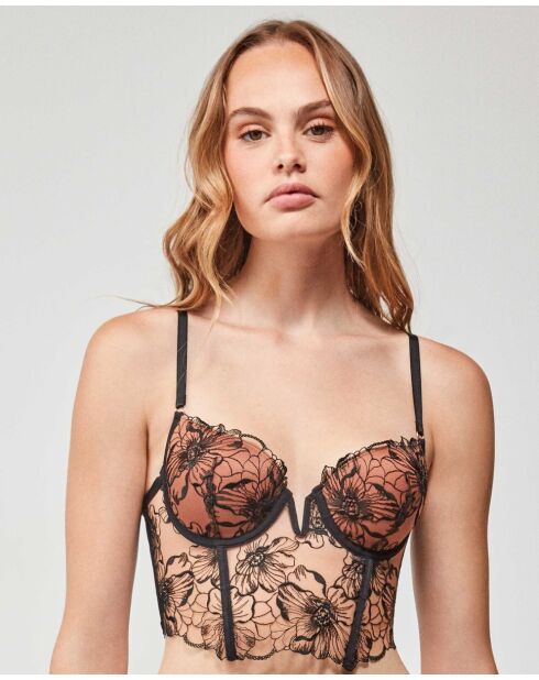 Bustier en tissu brodé de fleurs bonnets B et C noir