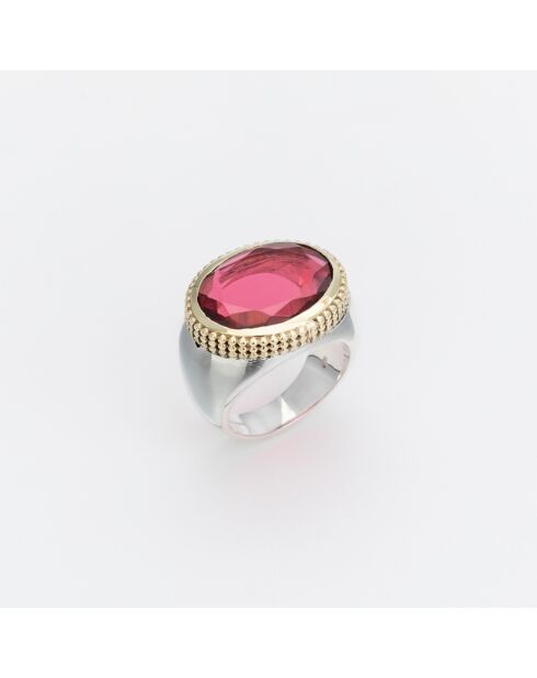 Bague en argent et laiton avec verre teinté rose
