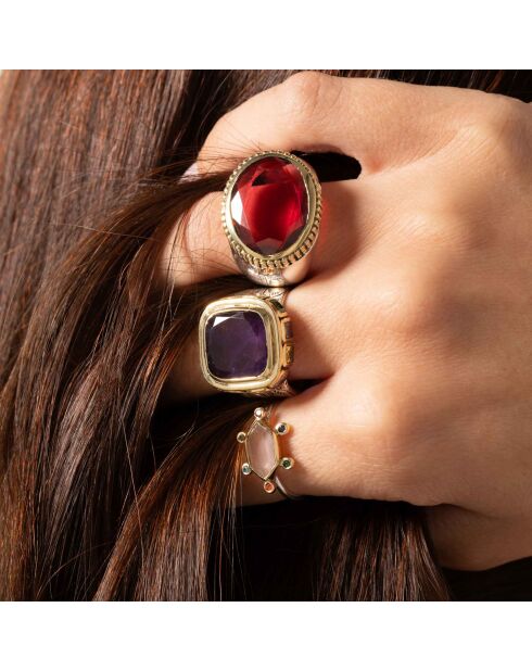 Bague en argent et laiton avec verre teinté rose