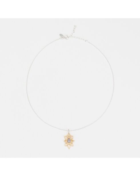 Halsketting in zilver en messing met Hanie Tanzanite glas-in-lood