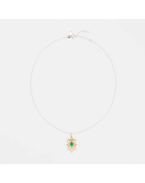 Halsketting in zilver en messing met Hanie groen getint glas