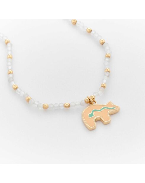 Goldenes Messingarmband Lachsbär, rosa Quarz