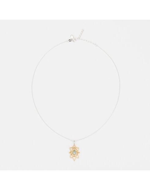 Halsketting in zilver en messing met Hanie blauw getint glas Topaz