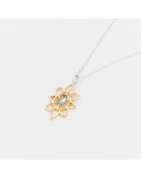 Halsketting in zilver en messing met Hanie blauw getint glas Topaz
