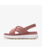 Sandalias de gamuza morada con forma de cruz toscana, tacón de 5 cm