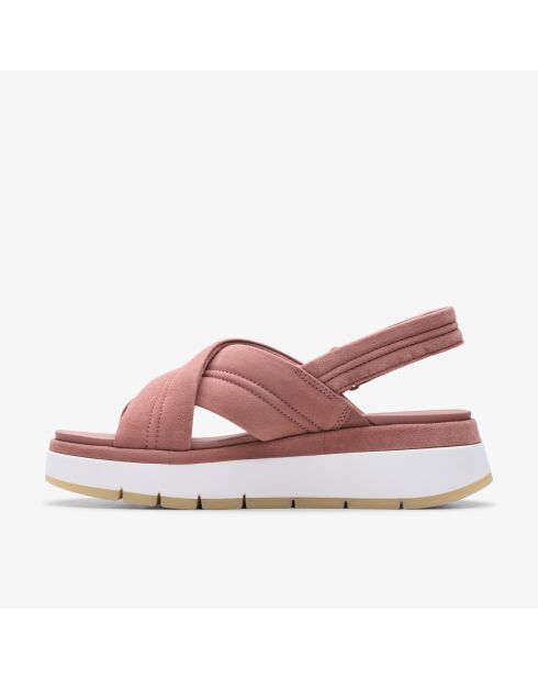 Sandalias de gamuza morada con forma de cruz toscana, tacón de 5 cm