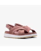 Sandalias de gamuza morada con forma de cruz toscana, tacón de 5 cm