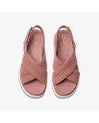 Sandalias de gamuza morada con forma de cruz toscana, tacón de 5 cm