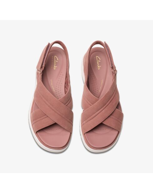 Sandalias de gamuza morada con forma de cruz toscana, tacón de 5 cm