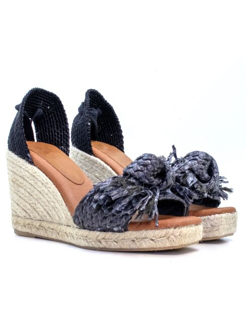 Sandales compensées en cuir 0008 noires - Talon : 7,3 cm