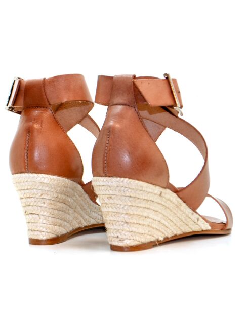 Sandales compensées en cuir 14003 camel - Talon : 7 cm