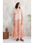 Rikita-2 romantisches rotes Baumwollkleid mit Blumenblockdruck