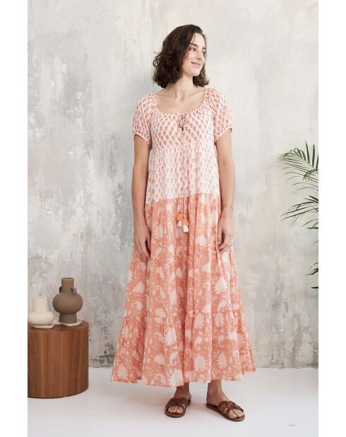 Rikita-2 romantisches rotes Baumwollkleid mit Blumenblockdruck