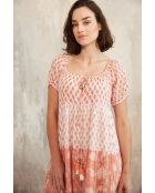 Rikita-2 romantisches rotes Baumwollkleid mit Blumenblockdruck