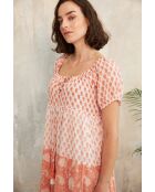 Rikita-2 romantisches rotes Baumwollkleid mit Blumenblockdruck