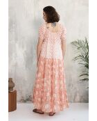 Rikita-2 romantisches rotes Baumwollkleid mit Blumenblockdruck