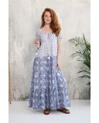 Rikita-1 romantisches blaues Baumwollkleid mit Blumenblockdruck