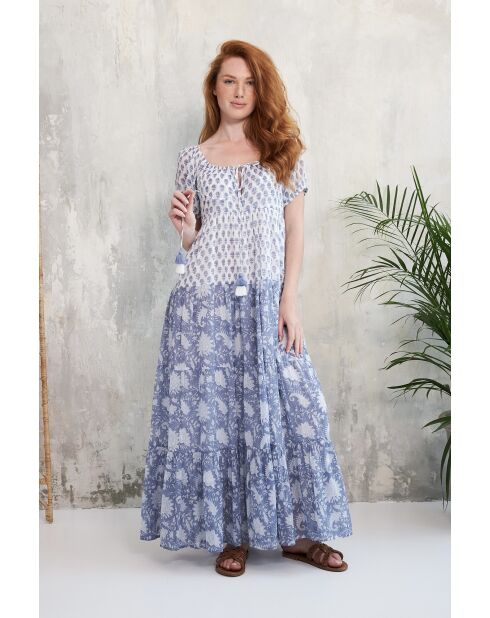 Rikita-1 romantische blauwe katoenen jurk met bloemenprint