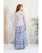 Rikita-1 romantisches blaues Baumwollkleid mit Blumenblockdruck