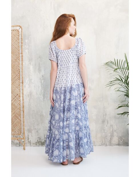 Rikita-1 romantische blauwe katoenen jurk met bloemenprint