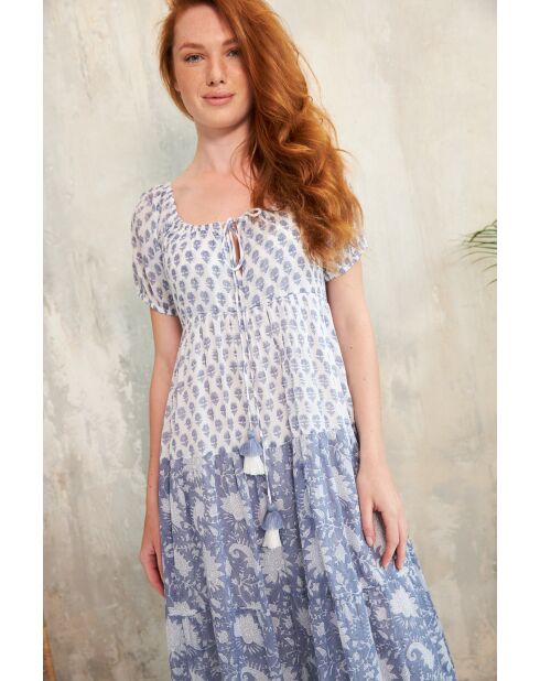 Rikita-1 romantische blauwe katoenen jurk met bloemenprint