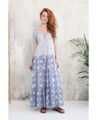 Rikita-1 romantisches blaues Baumwollkleid mit Blumenblockdruck