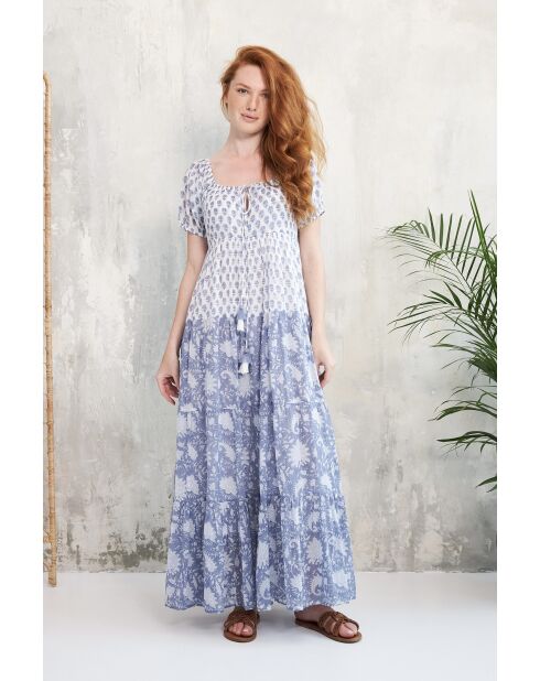 Rikita-1 romantische blauwe katoenen jurk met bloemenprint