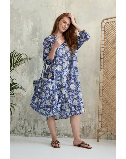 Blaues Baumwollkleid Louisette mit floralem Batikmuster